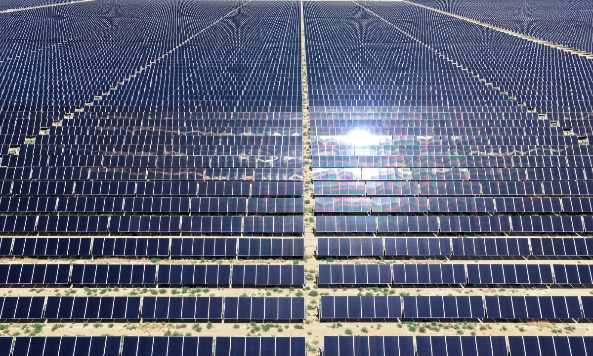 An aerial view of a solar panel array at a solar farm on June 17, 2026 near Rosamond, California, US. Photo: VCG