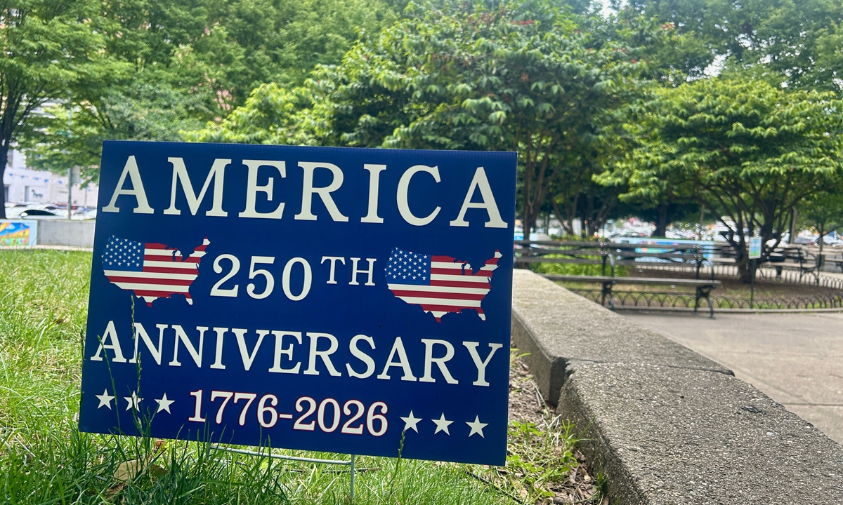 America 250th Anniversary 1776-2026 sign in McDonald Park, Forest Hills, Queens, New York. Photo: VCG