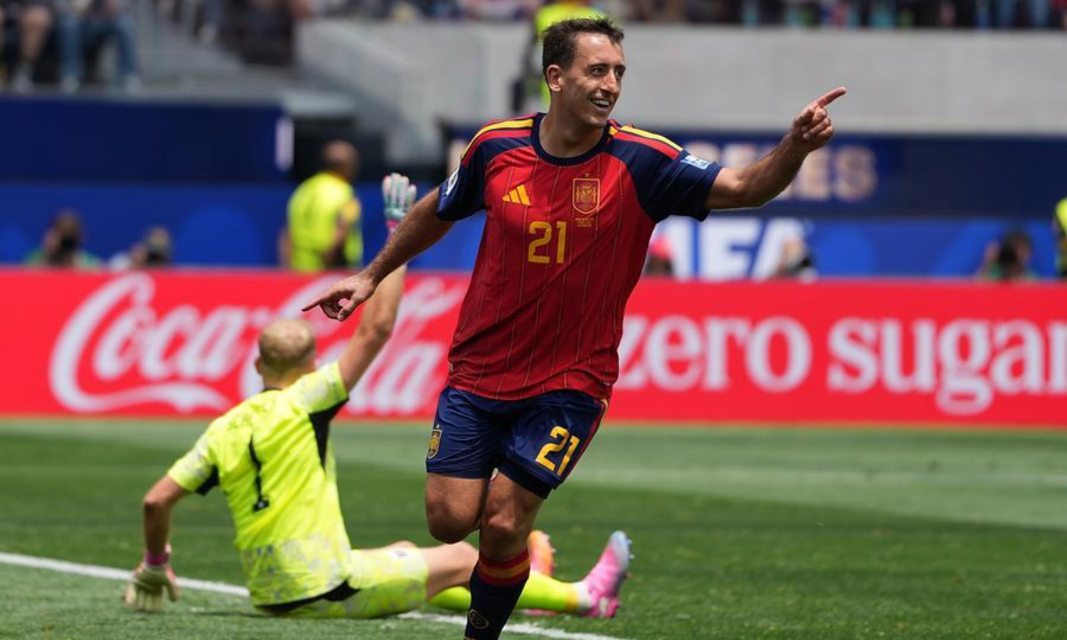 Spain's Mikel Oyarzabal celebrates after scoring during their 3-0 round of 32 win against Austria at the 2026 FIFA World Cup at Los Angeles Stadium, the United States, July 2, 2026. (Xinhua/Chen Yichen)