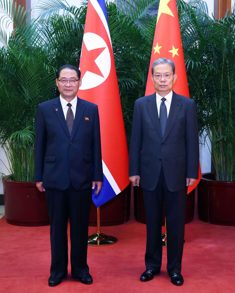Zhao Leji (R), chairman of the National People's Congress Standing Committee, meets with Pak Thae Song, premier of the Cabinet of the Democratic People's Republic of Korea (DPRK), in Beijing, capital of China, on July 10, 2026. /Xinhua