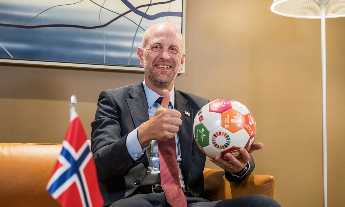 Norwegian Ambassador to China Vebj?rn Dysvik poses for a photo with a soccer ball after an exclusive interview with the Global Times at the Norwegian Embassy in Beijing on July 10, 2026. Photo: Chen Tao/GT