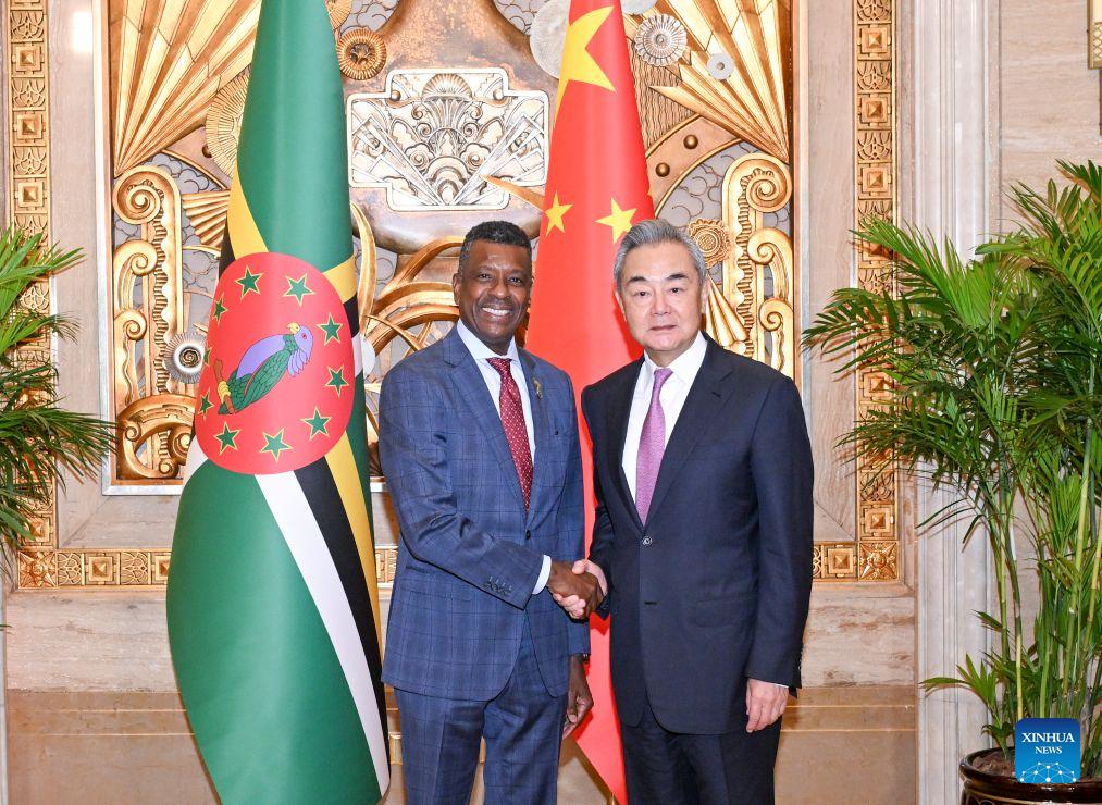 Chinese Foreign Minister Wang Yi, also a member of the Political Bureau of the Communist Party of China Central Committee, meets with Vince Henderson, foreign minister of the Commonwealth of Dominica, who is in China to attend the World Artificial Intelligence Conference, in Shanghai, east China, July 18, 2026. (Xinhua/Chen Haoming)