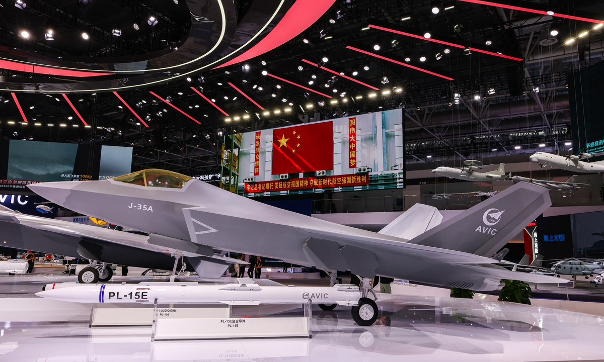 Model of a J-35A stealth fighter jet is on display at the exhibition hall of the Aviation Industry Corporation of China at the Airshow China 2024 in Zhuhai, South China's Guangdong Province. Photo: Fan Wei/GT