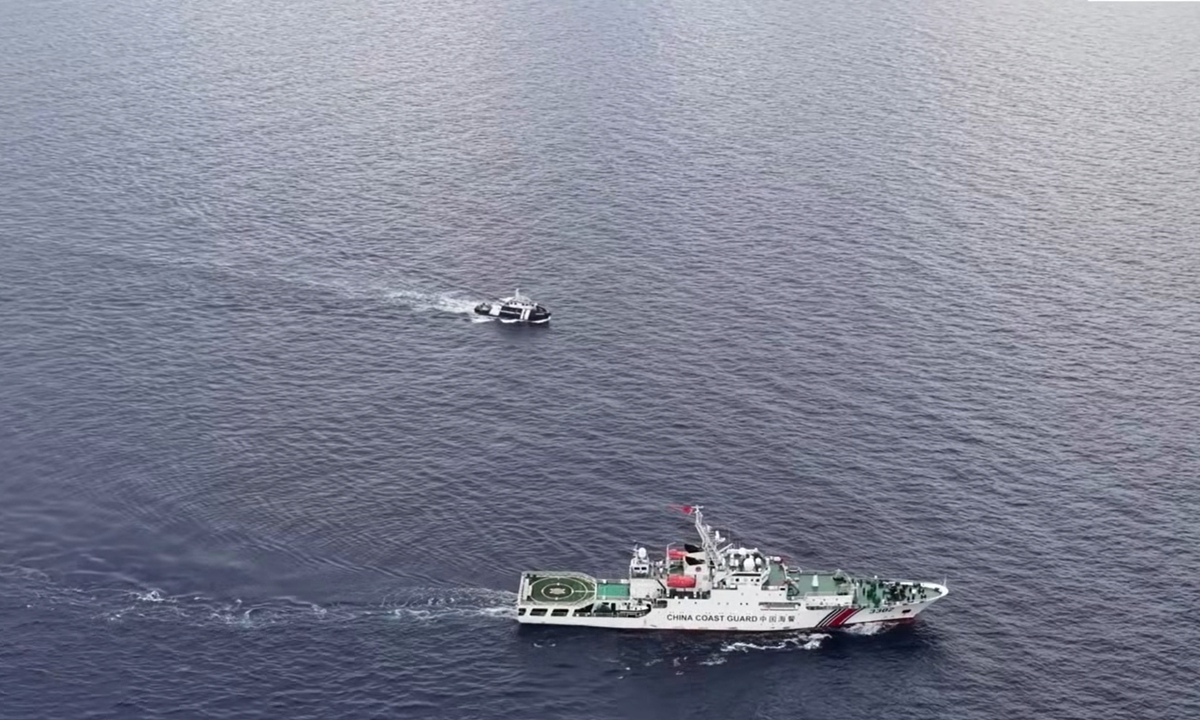 The China Coast Guard (CCG) on Friday took control measures in accordance with the law against multiple Philippine vessels engaged in illegal activities within the territorial waters of China's Huangyan Dao, according to a CCG statement. Photo: screenshot of XinhuaVideo