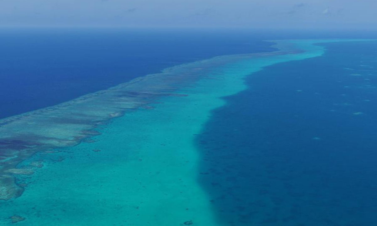 An aerial drone photo taken on May 2, 2026 shows reefs in the territorial waters of China's Huangyan Dao in the South China Sea. (Xinhua/Chen Bin)
