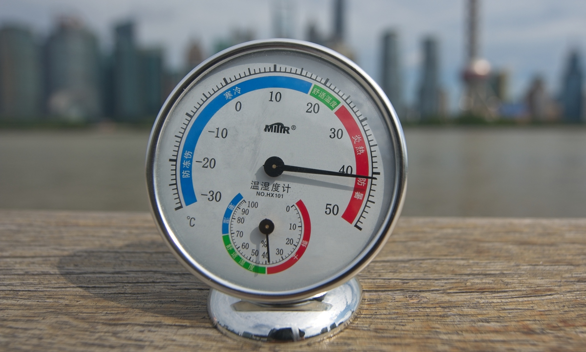 A thermometer shows temperatures over 40 degrees C in the afternoon at North Bund in Shanghai, China, on July 16, 2026. Photo: VCG