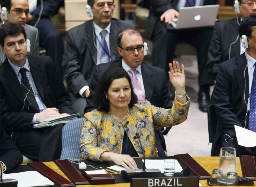 This 2010 photo released by the United Nations shows Maria Luiza Ribeiro Viotti as she raises her hand during a Security Council meeting, indicating her abstention to vote on resolution 1929 (2010), a document imposing new sanctions on Iran for its refusal to suspend nuclear enrichment activities.