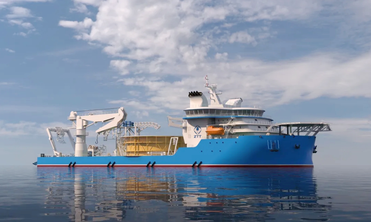 China's largest self-propelled pure electric-driven deep-sea cable-laying vessel completes its launching operation in East China's Jiangsu Province on August 4, 2026. Photo: Screenshot from Science and Technology Daily