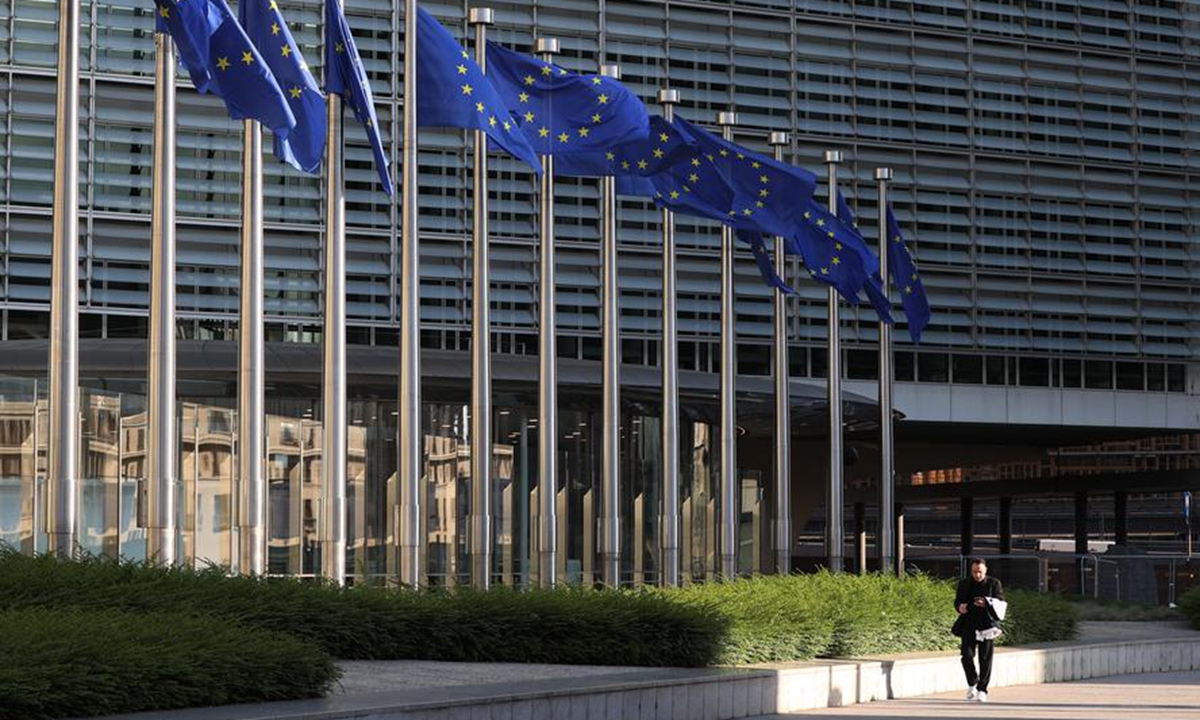 European Union flags fly outside the European Commission headquarters in Brussels, Belgium, on May 23, 2025. Photo: Xinhua