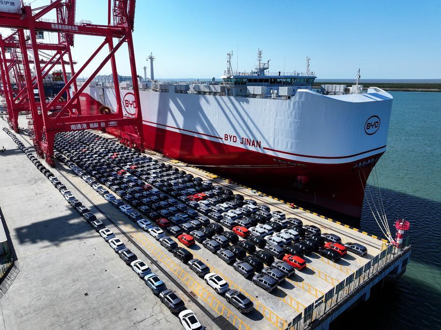 An aerial drone photo taken on May 29, 2026 shows new energy vehicles waiting for shipment at Nantong Port in Nantong, east China's Jiangsu Province. (Photo: Xinhua)