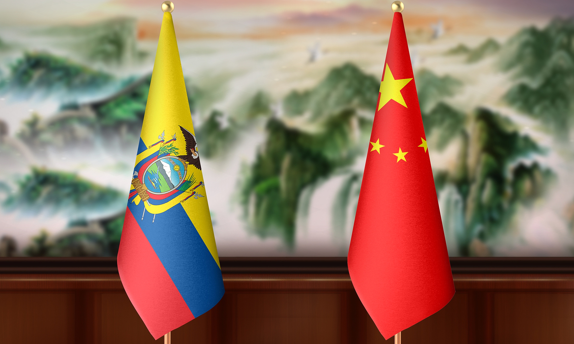 The Chinese national flag and the Ecuadorian national flag. Photo: VCG