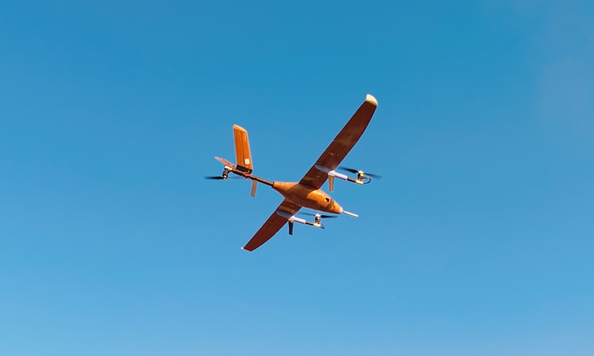 A drone made of bamboo-based composite materials is seen in flight. Photo: official WeChat account of Long Bamboo