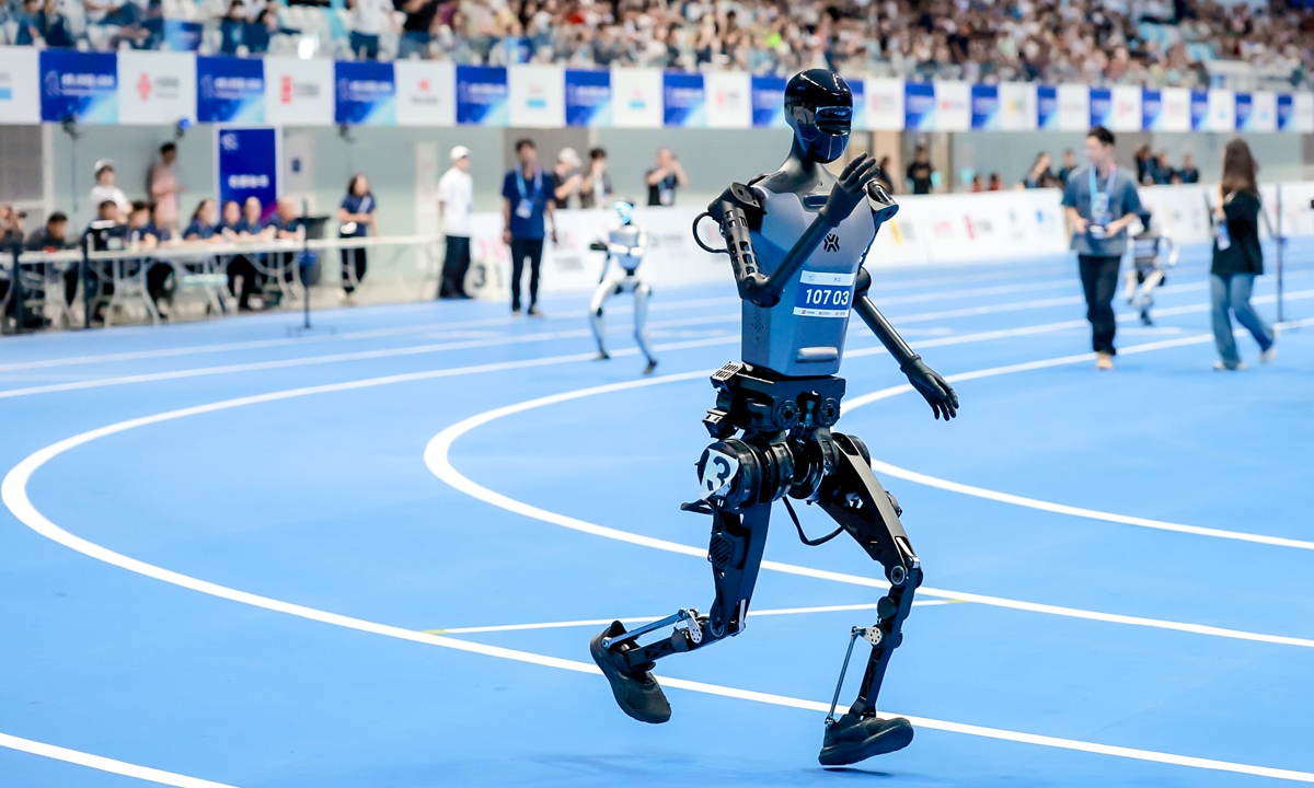 A TienKung robot competes at the first World Humanoid Robot Games. File photo: Courtesy of X-Humanoid