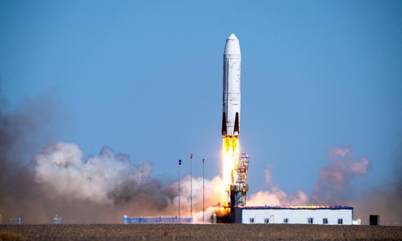 This photo shows the reusable rocket Nebula-1, developed by Chinese private rocket company Deep Blue Aerospace, blasting off during a high-altitude vertical recovery flight test in north China's Inner Mongolia Autonomous Region, Sept. 22, 2024. (Deep Blue Aerospace/Handout via Xinhua)