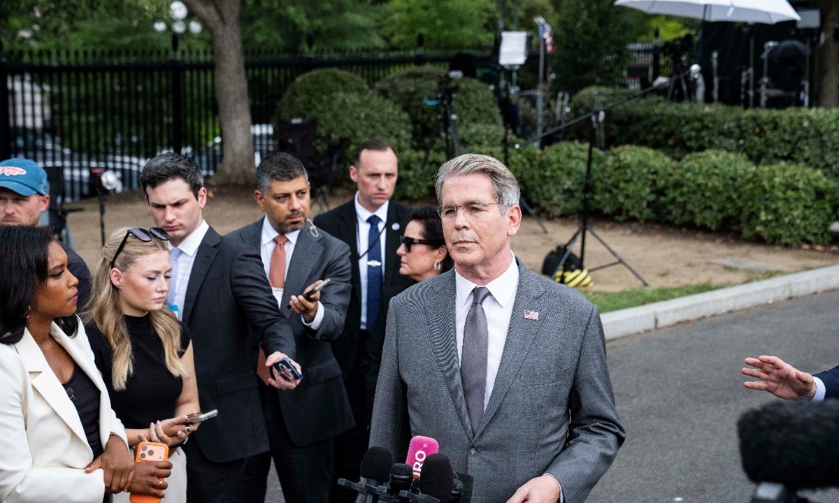 US Secretary of the Treasury Scott Bessent speaks to the media outside the West Wing of the White House in Washington, DC, US, on August 20 2026. Photo: VCG