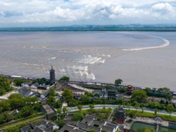 Tidal bore of Qiantang River attracts tourists in E China's Zhejiang