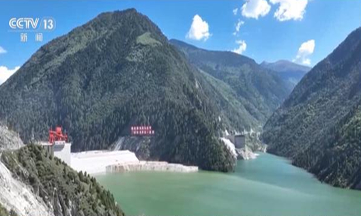 The Shuangjiangkou Hydropower Station, featuring the world's tallest dam at 315 meters, is seen in Aba Tibetan and Qiang Autonomous Prefecture, Southwest China's Sichuan Province. Photo: screenshot of China Media Group's report