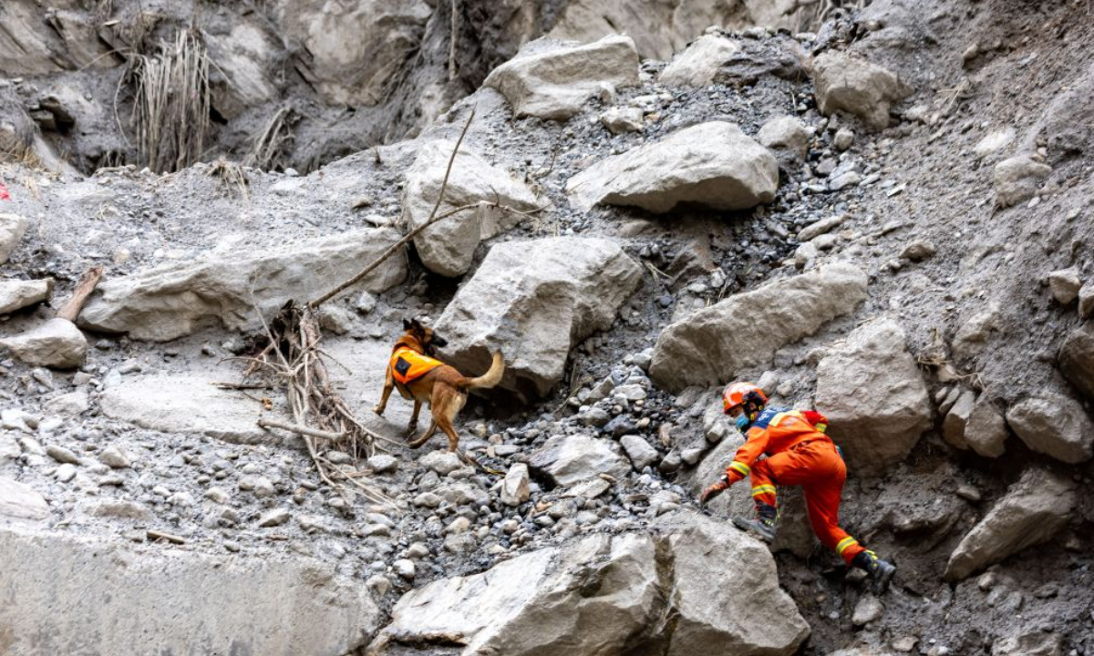 A rescuer and his sniffer dog search for the missing at the mudslide-hit area in Gyirong County, southwest China's Xizang Autonomous Region, Aug. 30, 2026. (Xinhua/Jiang Fan)