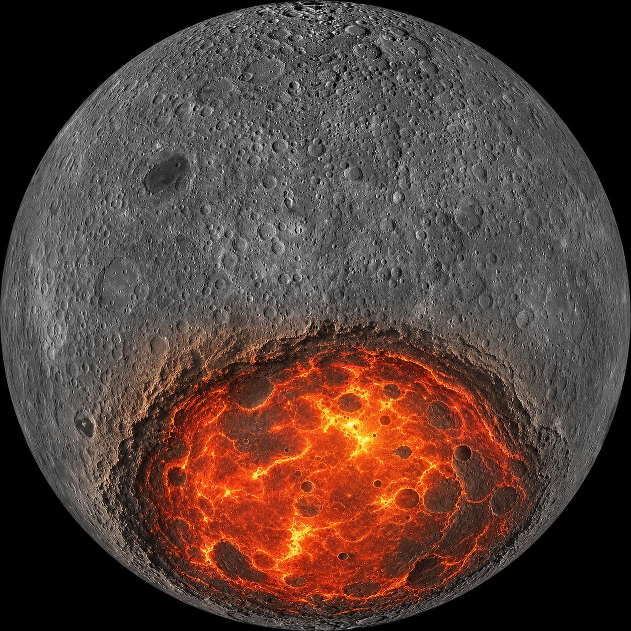 Based on imagery of the lunar farside, this illustration depicts the extensive melting of the South Pole-Aitken (SPA) basin interior caused by the giant impact. Photo: Courtesy of the Institute of Geology, Chinese Academy of Geological Sciences