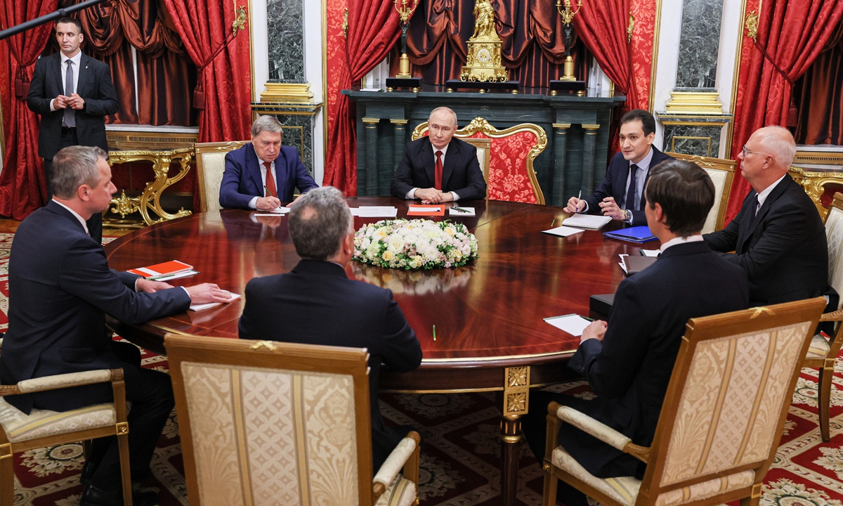 Russia's President Vladimir Putin, US businessman Jared Kushner and US Special Presidential Envoy Steve Witkoff are seen during a meeting at the Moscow Kremlin on September 5, 2026. Photo: VCG