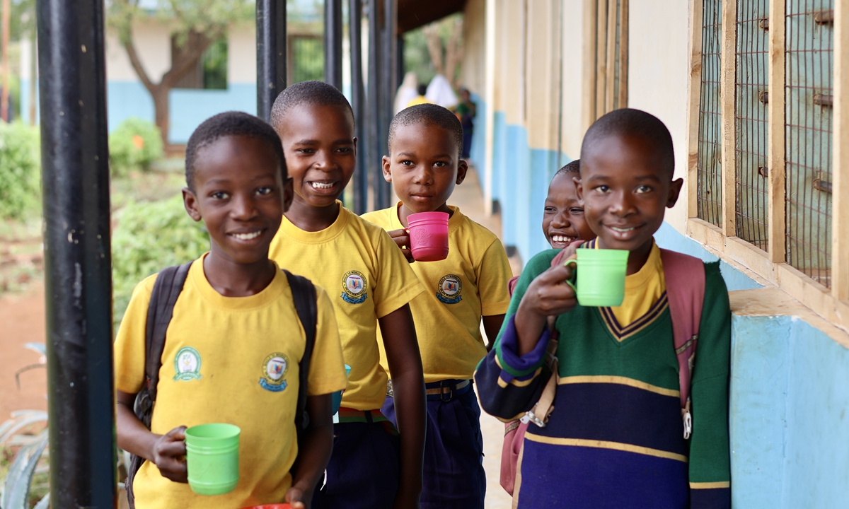 Students at Juhudi Primary School, Tanzania enjoy soy milk in June 2026. Photo: Courtesy of Zhang Yao
