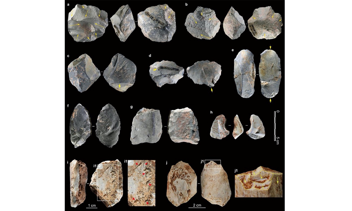 The stone artifacts unearthed from the bat cave site in Heqing, Southwest China's Yunnan Province Photo: The Institute of Tibetan Plateau Research (ITP), Chinese Academy of Sciences (CAS)