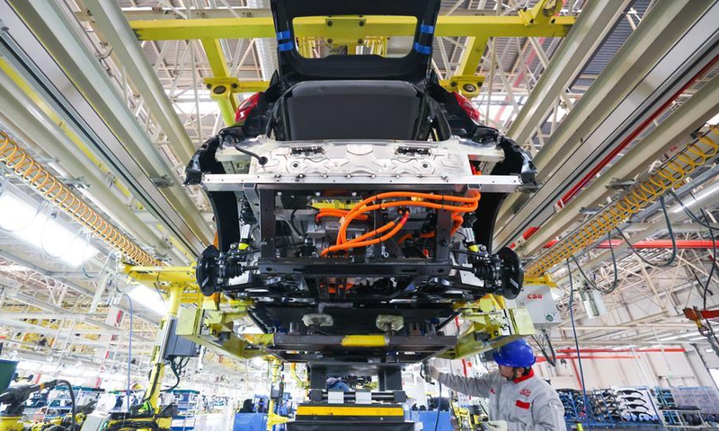 A worker assembles a new energy vehicle at the workshop of Chinese Automaker Chery in Shijiazhuang, north China's Hebei Province, Jan. 8, 2026. (Photo by Liang Zidong/Xinhua)
