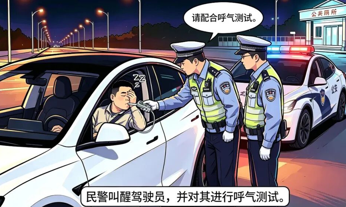 An AI-generated illustration shows Chinese police officers administering a breath alcohol test to a suspected drunk driver. Photo: Legal Daily