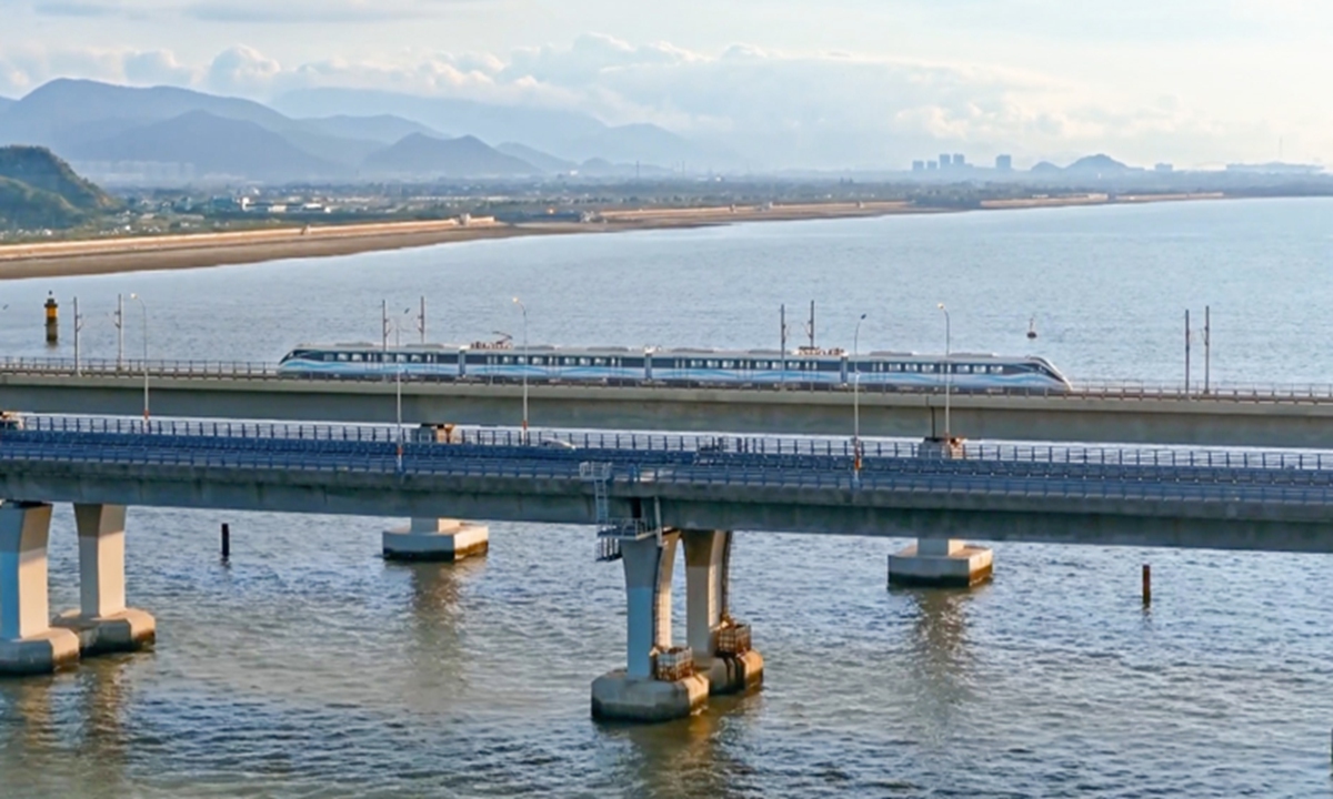 A view of the China's first cross-sea urban railway, Ningbo-Xiangshan Urban Railway, also known as