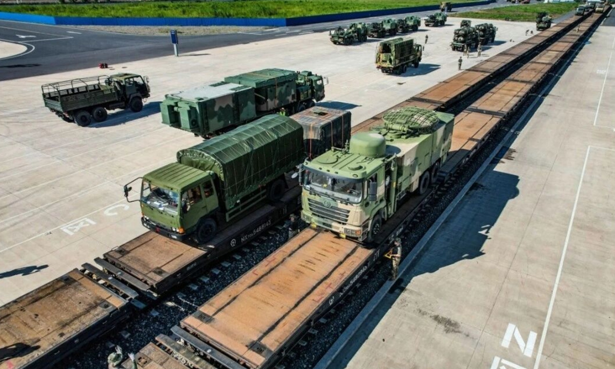 An Air Force unit under the Eastern Theater Command of the Chinese People's Liberation Army loads vehicles onto a transport train before heading to the training area. Photo: PLA Eastern Theater Command's WeChat account