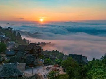 Sunrise scenery of Basha Village in China's Guizhou