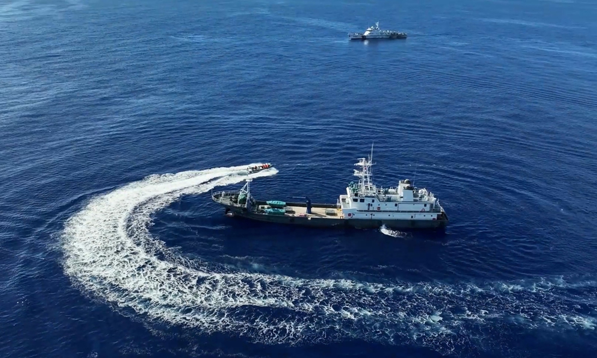 China Coast Guard (CCG) vessels conduct drills on rights-protection law enforcement, as well as management and control in the waters near China's Huangyan Dao on August 1, 2026. Photo: Courtesy of CCG
