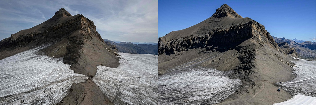 A comparison of the same landscape at Glacier 3000 resort above Les Diablerets, Switzerland, shows the retreat of ice on September 13, 2022 (L) and September 6, 2026 (R). /VCG