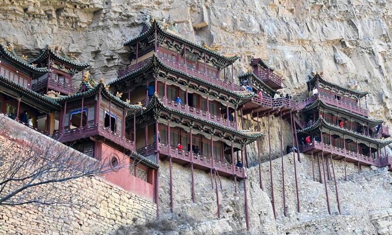This photo taken on Feb. 28, 2025 shows the Hanging Temple, or Xuankong Temple, in Hunyuan County, Datong City in north China's Shanxi Province. (Xinhua/Yang Chenguang)