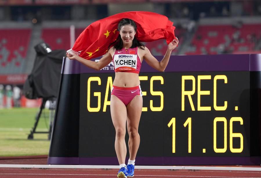 Chen Yujie of China celebrates after winning the women's 100m final of Athletics at the 20th Asian Games Aichi-Nagoya 2026 in Nagoya, Japan, Sept. 25, 2026. (Xinhua/Lui Siu Wai)