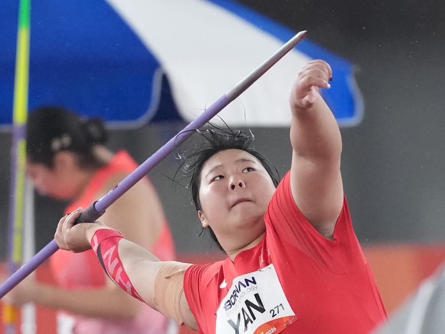 Yan Ziyi of China competes during the women's javelin throw final of Athletics at the 20th Asian Games Aichi-Nagoya 2026 in Nagoya, Japan, Sept. 27, 2026. (Xinhua/Luo Yuan)