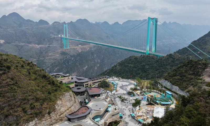 An aerial drone photo taken on Oct. 5, 2026 shows the Huajiang Grand Canyon Bridge in southwest China's Guizhou Province. (Xinhua)