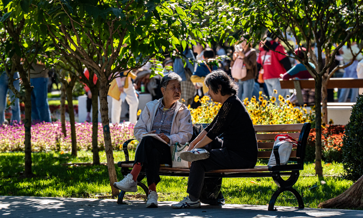 Elderly people relax and chat at Ritan Park in Beijing on October 9, 2026. Photo: IC
