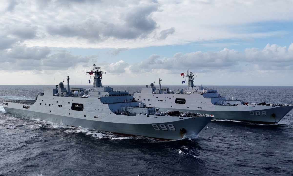 Image of the Chinese People's Liberation Army (PLA) Navy's Type 071 amphibious dock landing ships Kunlunshan (Hull 998) and Changbaishan (Hull 989) Photo: WeChat account of the PLA Southern Theater Command