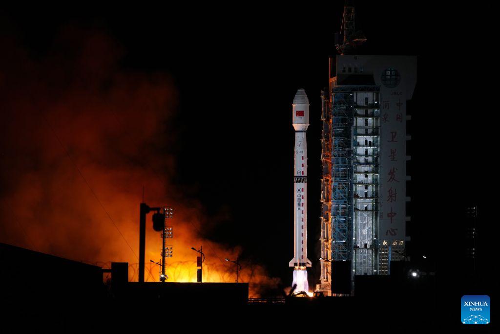 A Long March-4B carrier rocket carrying two groups of remote sensing satellites blasts off from the Jiuquan Satellite Launch Center in northwest China, Oct. 24, 2026. The satellites 07-09 of the Yaogan-53 group and the satellites 19-21 of the Yaogan-56 group were launched at 3:25 a.m. (Beijing Time) aboard a Long March-4B carrier rocket, and they entered the preset orbits successfully. (Photo by Wang Jiangbo/Xinhua)