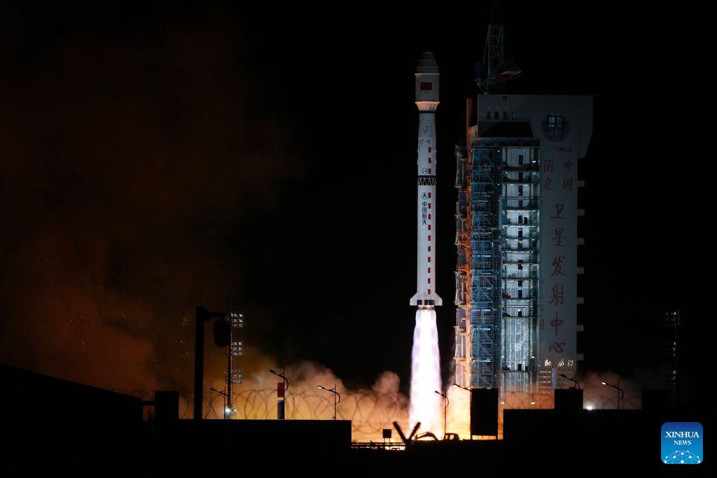 A Long March-4B carrier rocket carrying two groups of remote sensing satellites blasts off from the Jiuquan Satellite Launch Center in northwest China, Oct. 24, 2026. The satellites 07-09 of the Yaogan-53 group and the satellites 19-21 of the Yaogan-56 group were launched at 3:25 a.m. (Beijing Time) aboard a Long March-4B carrier rocket, and they entered the preset orbits successfully. (Photo by Wang Jiangbo/Xinhua)