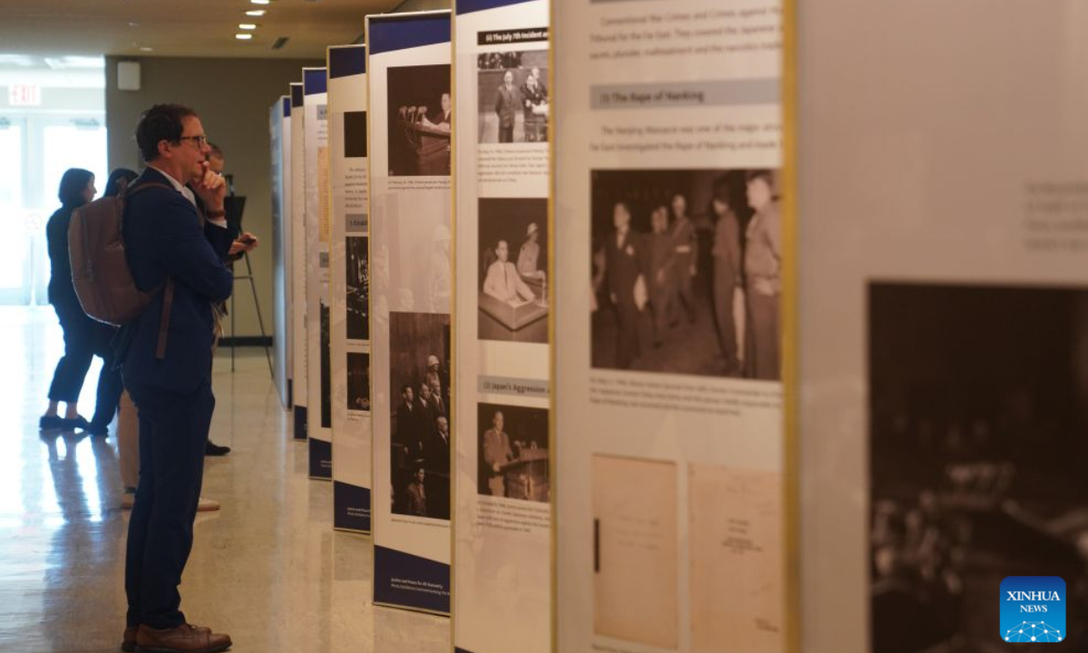 People view exhibits at an exhibition marking the 80th anniversary of the opening of the Tokyo Trial at the UN Headquarters in New York, Oct. 26, 2026. An exhibition marking the 80th anniversary of the opening of the Tokyo Trial opened at UN Headquarters in New York on Monday.Titled Justice and Peace for All Humanity, the exhibition features historical photographs, archival documents and publications on the investigation and prosecution of Japanese war crimes during World War II. (Xinhua/Zhang Fengguo)