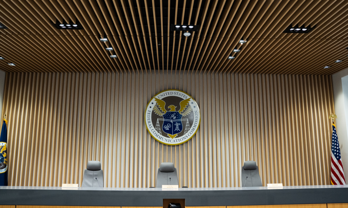 The seal of the Federal Communications Commission (FCC) prior to an open commission meeting at the agency's headquarters in Washington, DC, US, on February 18, 2026. Photo: VCG