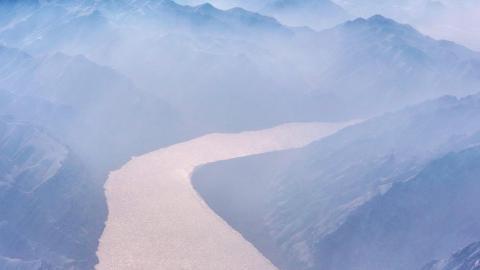 View of Yellow River after snowfall in NW China