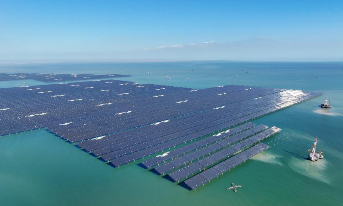 An aerial drone photo taken on Nov. 13, 2025 shows an offshore photovoltaic project in Dongying City, east China's Shandong Province. (Photo by Zhou Guangxue/Xinhua)