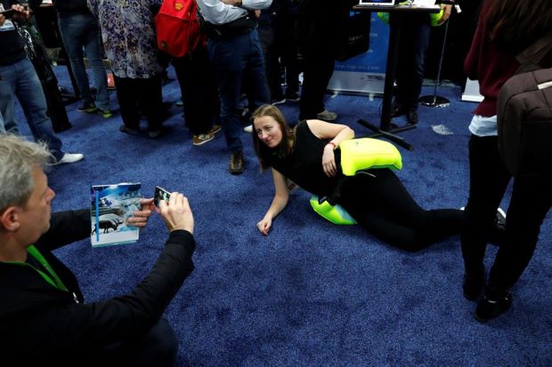 A woman modelling Helite's Hip'Air airbag for the elderly during CES in Las Vegas, Nevada. — Reuters