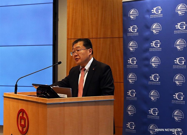 Xu Chen, chairman of China General Chamber of Commerce - USA (CGCC), speaks during the launching ceremony of a China-U.S. investment and cooperation database in New York, the United States, on Oct. 18, 2017. 