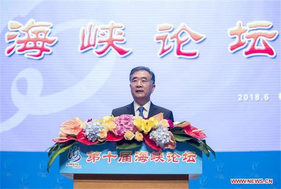 Wang Yang, a member of the Standing Committee of the Political Bureau of the Communist Party of China (CPC) Central Committee and chairman of the National Committee of the Chinese People's Political Consultative Conference, addresses the opening ceremony of the 10th Straits Forum in Xiamen, southeast China's Fujian Province, June 6, 2018. (Photo/Xinhua)