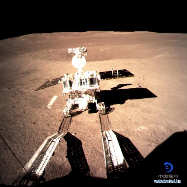 Photo provided by the China National Space Administration on Jan. 3, 2019 shows Yutu-2, China's lunar rover, leaving a trace after touching the surface of the far side of the moon. [Photo: Xinhua]