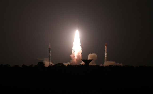 The Indian Space Research Organisation's (ISRO), Polar Satellite Launch Vehicle (PSLV-C44) launches off onboard India's Defence Research and Development Organisation's (DRDO) imaging satellite 'Microsat R' along with student satellite "Kalamsat" at Satish Dhawan Space centre in Sriharikota, Andhra Pradesh state, on January 24, 2019. [Photo: AFP/ARUN SANKAR]